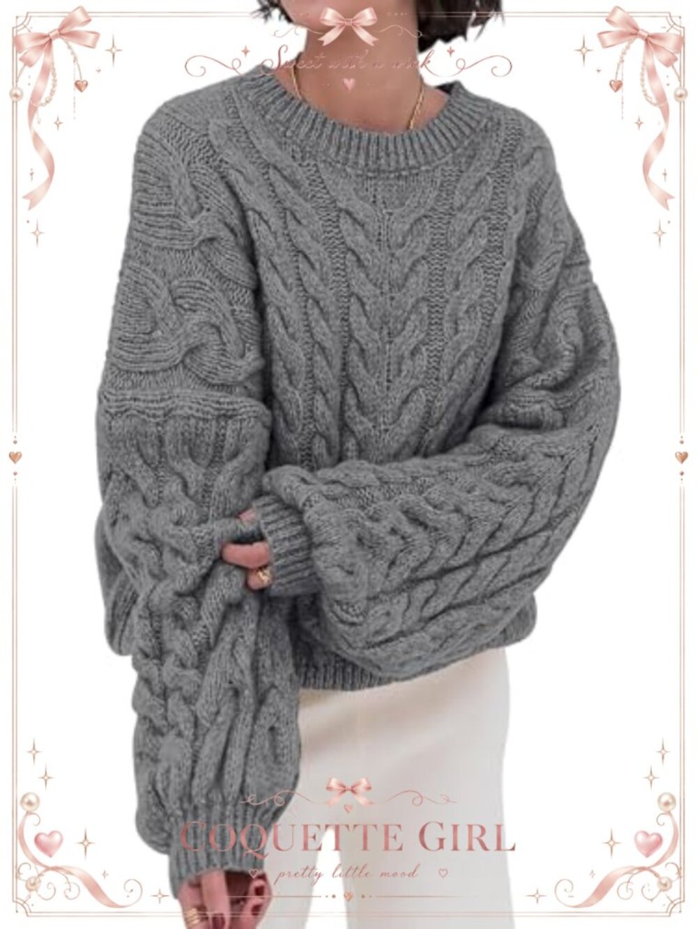 Oversized Cable Knit Sweater Balloon Sleeve Crew Neck Pullover